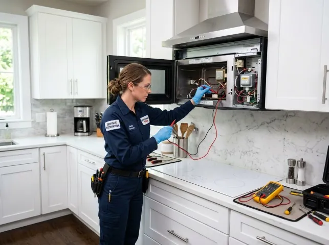 Appliance Repair Hero technician testing an over-the-range microwave in a Brooklyn, CT kitchen
